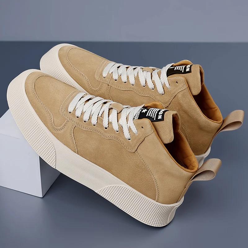 FashionItalian Men Retro Genuine Leather Shoes Thick Sole Mid Top Couple Ankle Boots Casual Autumn/Winter Outdoor Boots Round Toe Boots