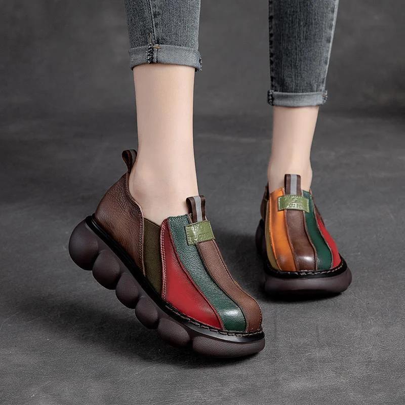 Fashion Autumn 2024 New Fashion Ethnic Style Retro Handmade Rainbow Color Female Leather Thick Sole Cake and Casual Shoes