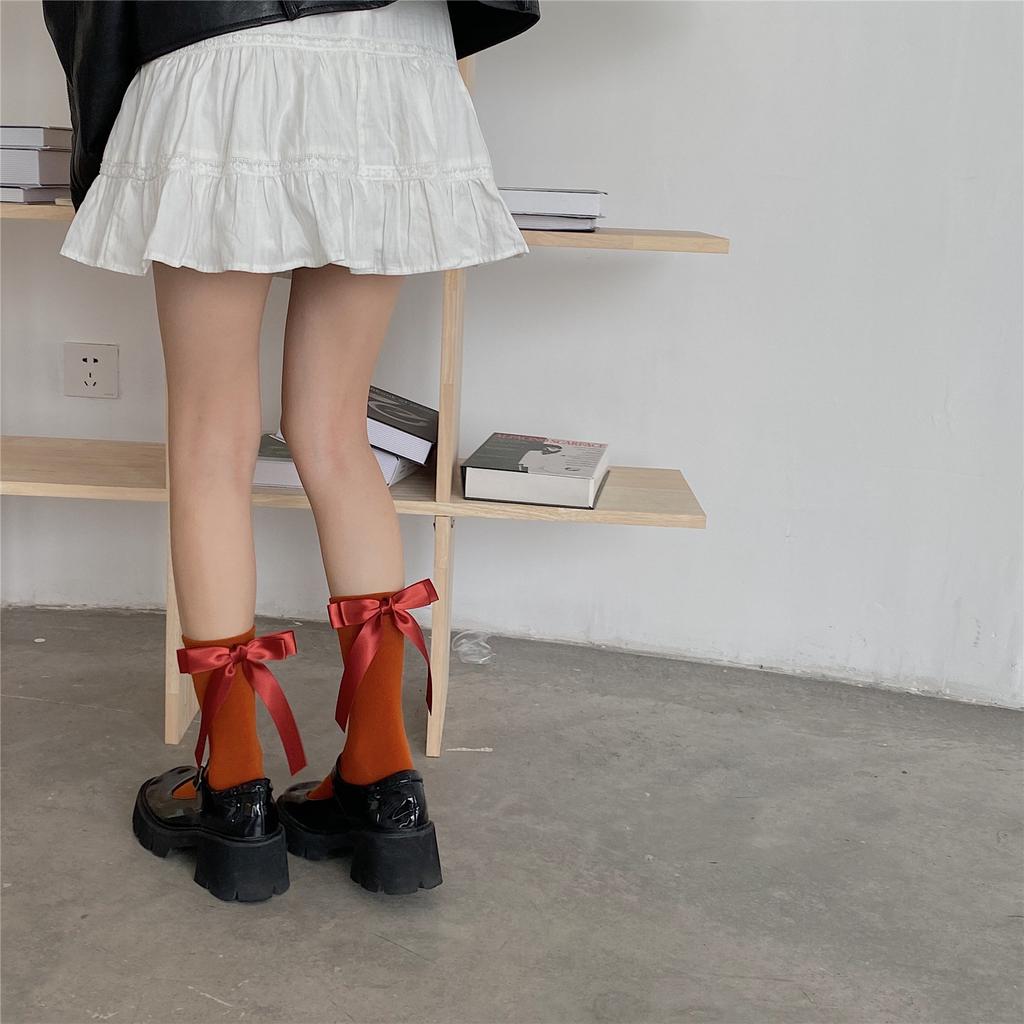 New Handmade Socks Lolita Cute Bow Cotton Mid Calf Women's Socks