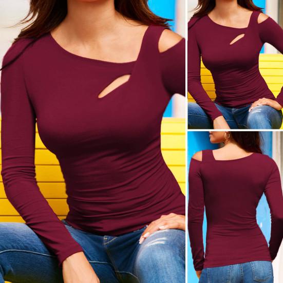 Женские сексуальные топы с наклонными плечами, облегающий топ, полый дизайн, косой воротник, однотонный цвет с длинными рукавами