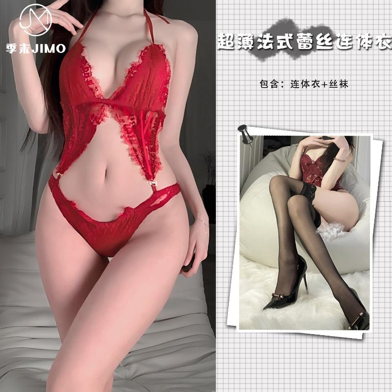 Erotic underwear confuses the heart, ultra-thin and empty lace jumpsuit bra set, hot temptation deep V