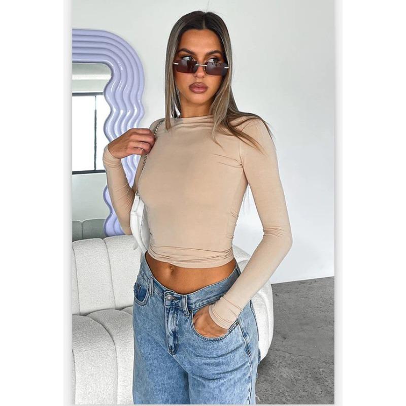 Women's Casual Long Sleeved T-shirt, Spring and Autumn Solid Color Slim Fit Pullover T-shirt, Women's Streetwear Base Shirt, Top