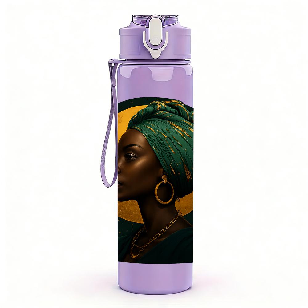 1PC African Lady Portrait Bust 750ml Color Plastic Sports Water Bottle Leakproof Flip Straw Lid For Sports Office Home Use