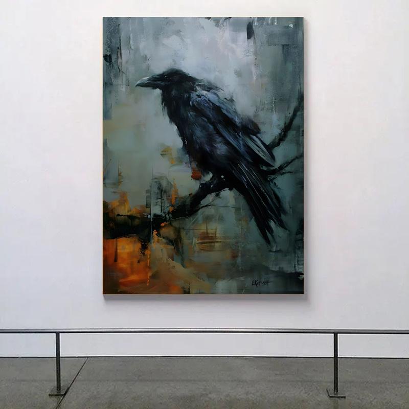 С Рамкой Ворона Акварель Холст Картина Настенное Искусство Украшение Птица Хэллоуин Подарок Темная Ворона Фреска Гостиная Домашнее Украшение