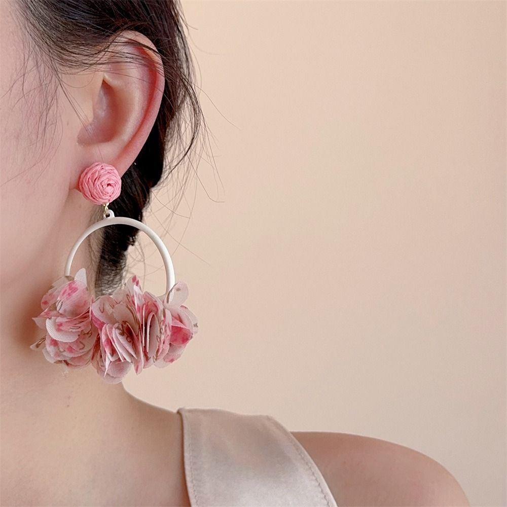 Sweet Mesh Flower Earrings Colorful Exaggerated Earrings Elegant Fabric Flower Eardrop  Women