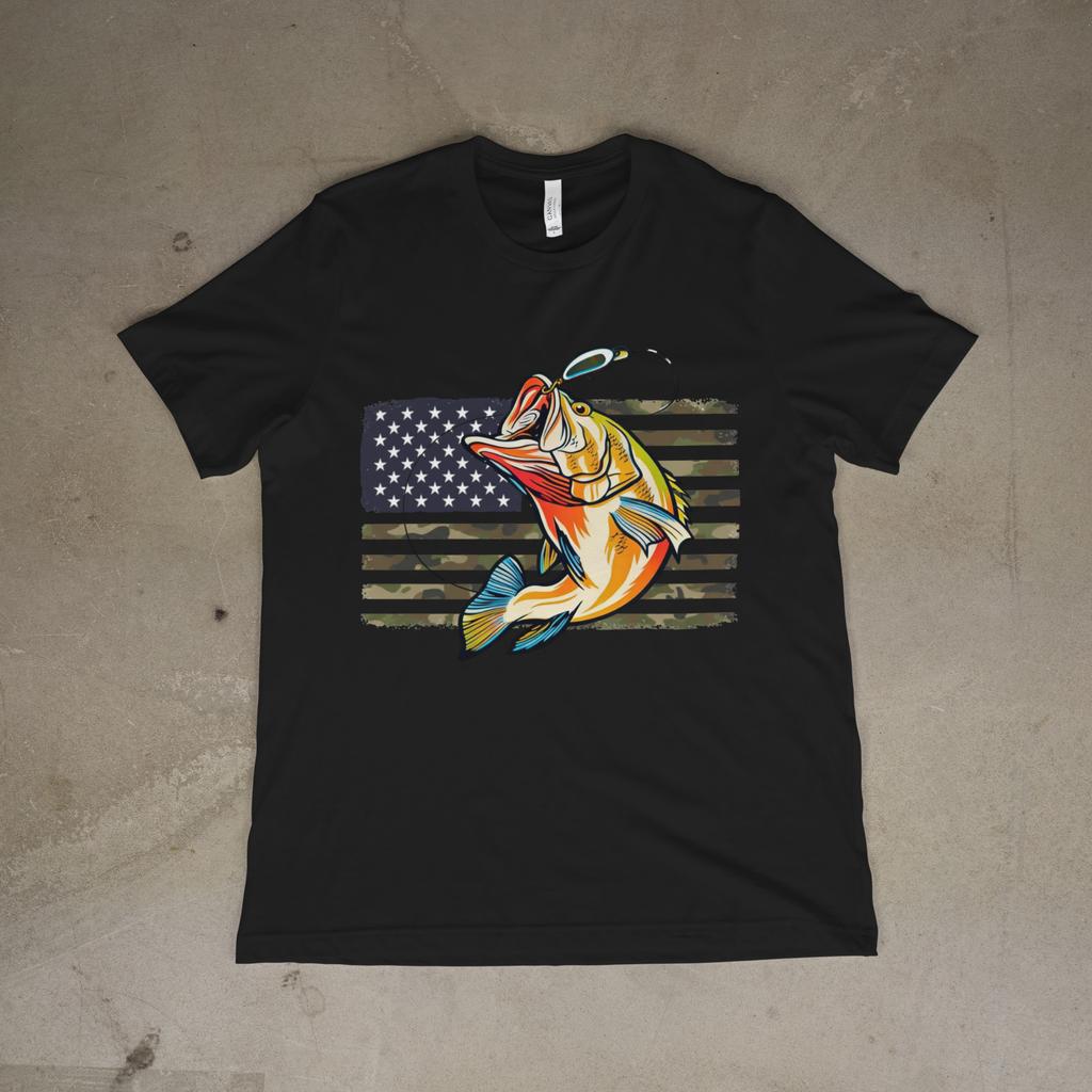 Patriotic Bass Fishing Shirt American Flag Camo Angler Graphic Tee