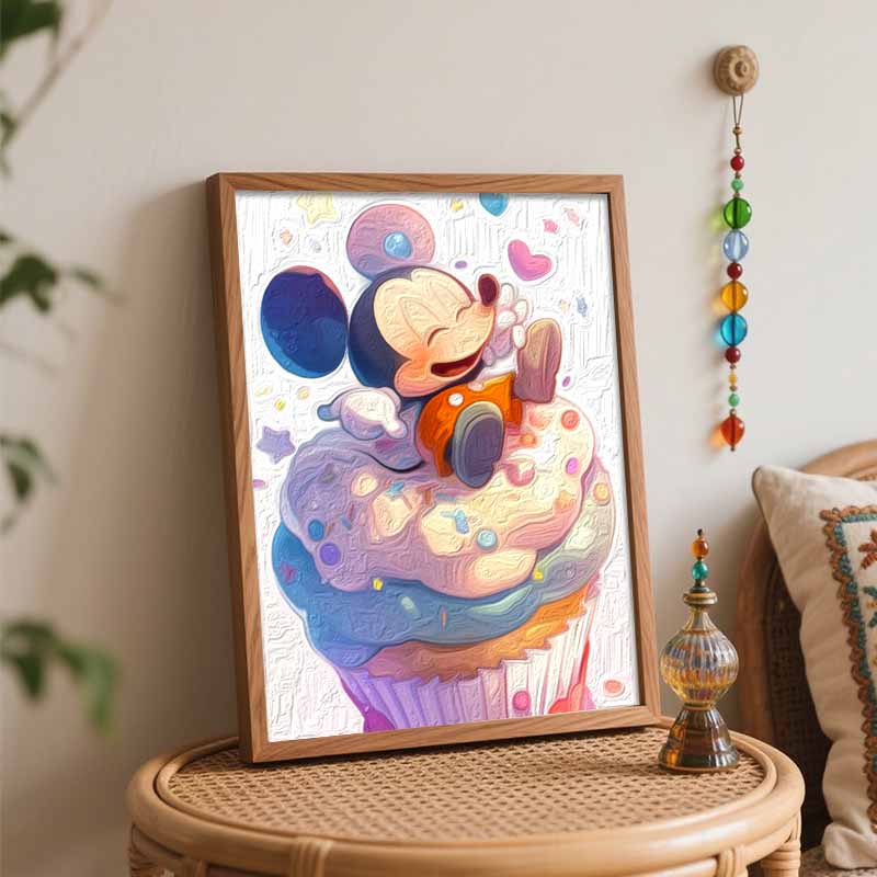 Disney Oil Painting DIY Digital Painting Cute Mickey Mouse with Sweet Cupcake Wall Art for the Living Room or Entryway.