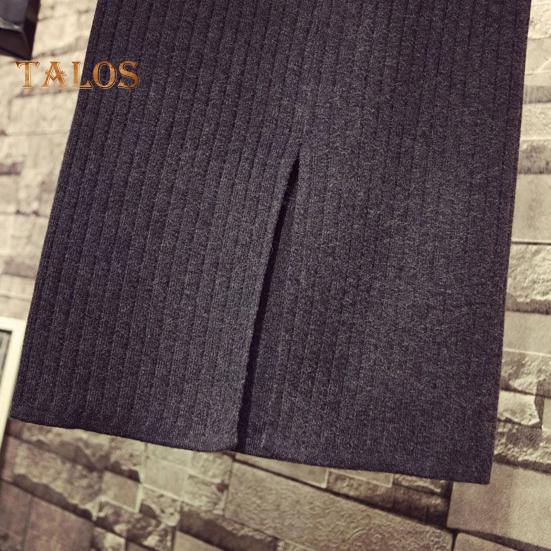 Женская трикотажная юбка с высокой талией и разрезом сзади, однотонная юбка миди, мягкая дышащая утолщенная теплая юбка с запахом на бедрах