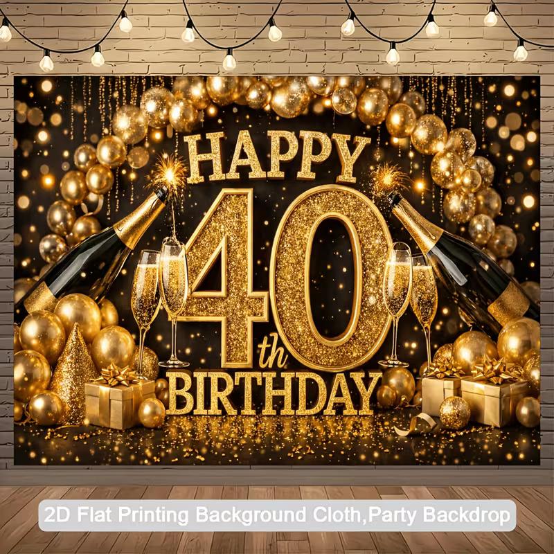 2D 40th Birthday Party Backdrop, Black & Gold Theme with Champagne Bottles for Party Decor