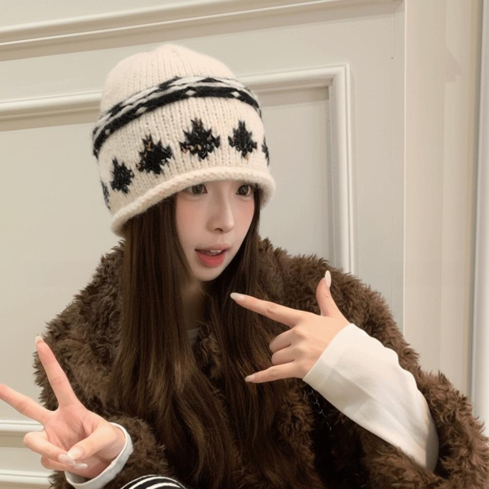 Жаккардовый узор Жаккардовая вязаная шапка Теплая теплая вязаная шапка Ретро шапка-бини Женская мода