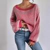 Autumn and Winter Clashing Color Striped Lantern Sleeve One-line Collar Strapless Knitted Sweater