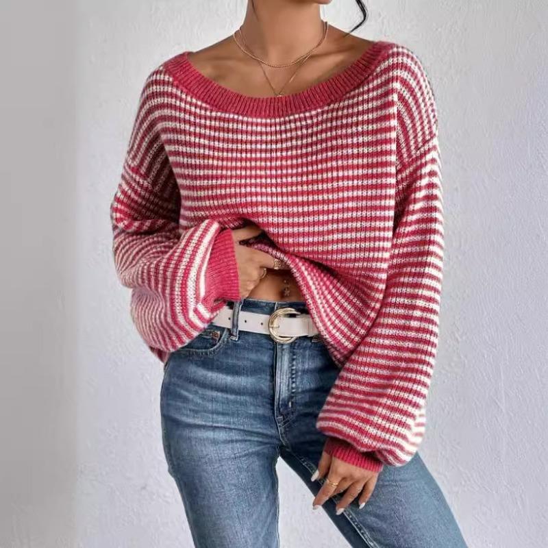 Autumn and Winter Clashing Color Striped Lantern Sleeve One-line Collar Strapless Knitted Sweater