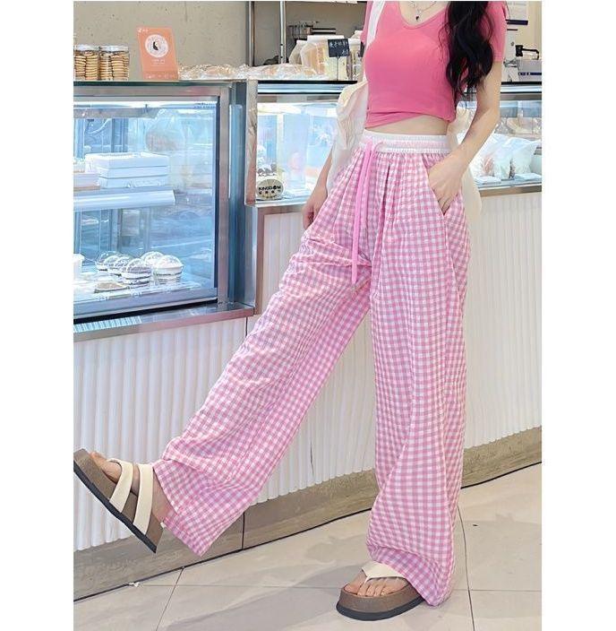 2025 Girls' Pink Plaid High-Waisted Loose Fit Yamamoto Pants: Retro Wide-Leg for Spring/Summer