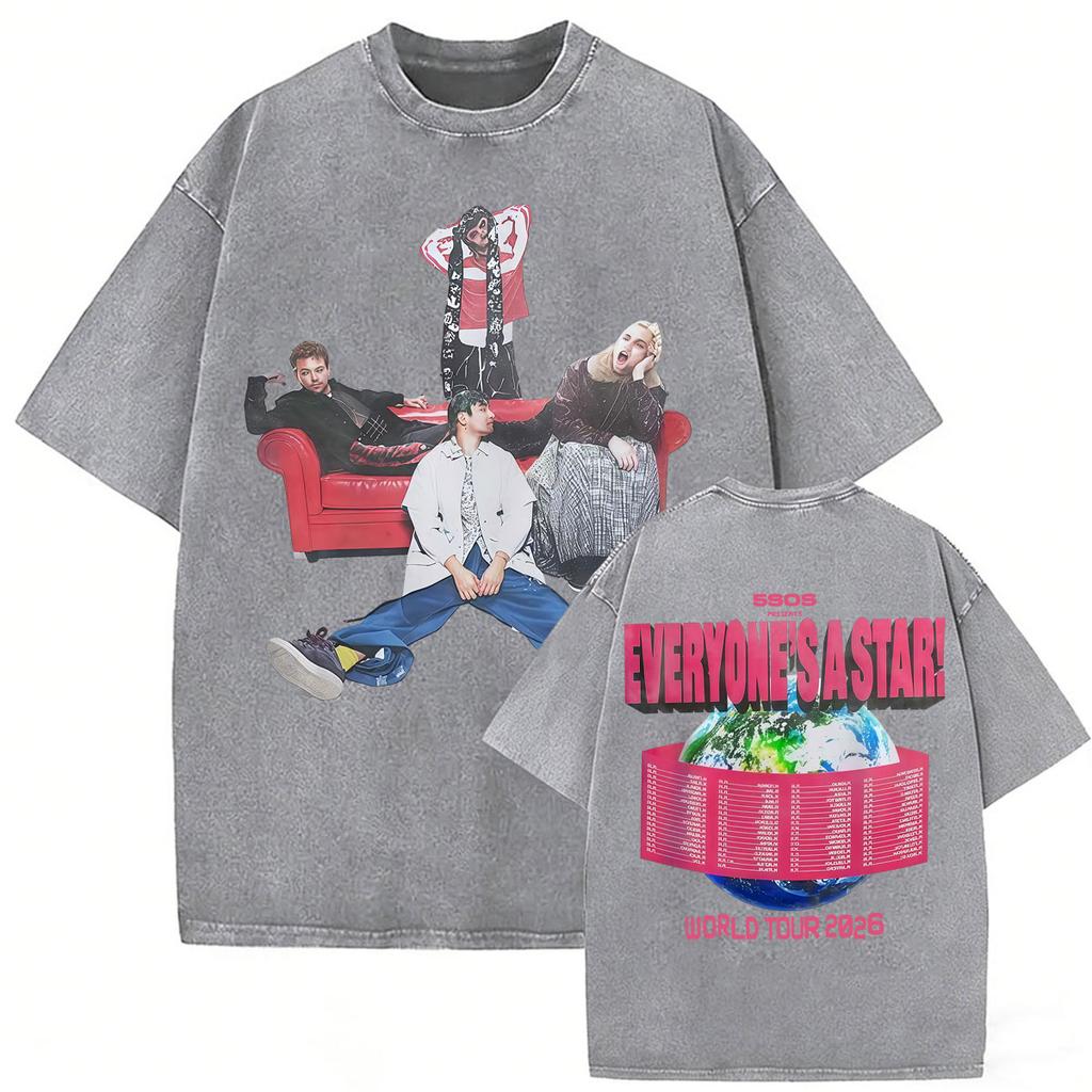 5 Seconds of Summer Everyone's A Star World Tour 2026 Vintage Washed T-shirts Men Women Fashion Hip Hop Gothic Oversized T Shirt