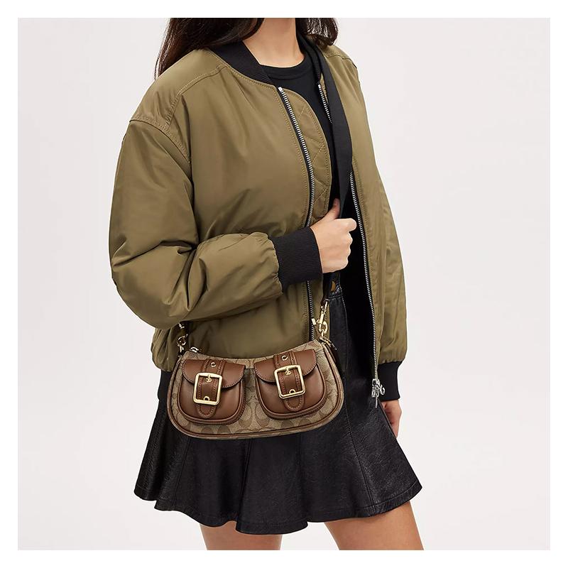 COACH Ashton 25 nameplate pin buckle hardware buckle zipper closure canvas with leather baguette bag shoulder crossbody bag medium women's brown