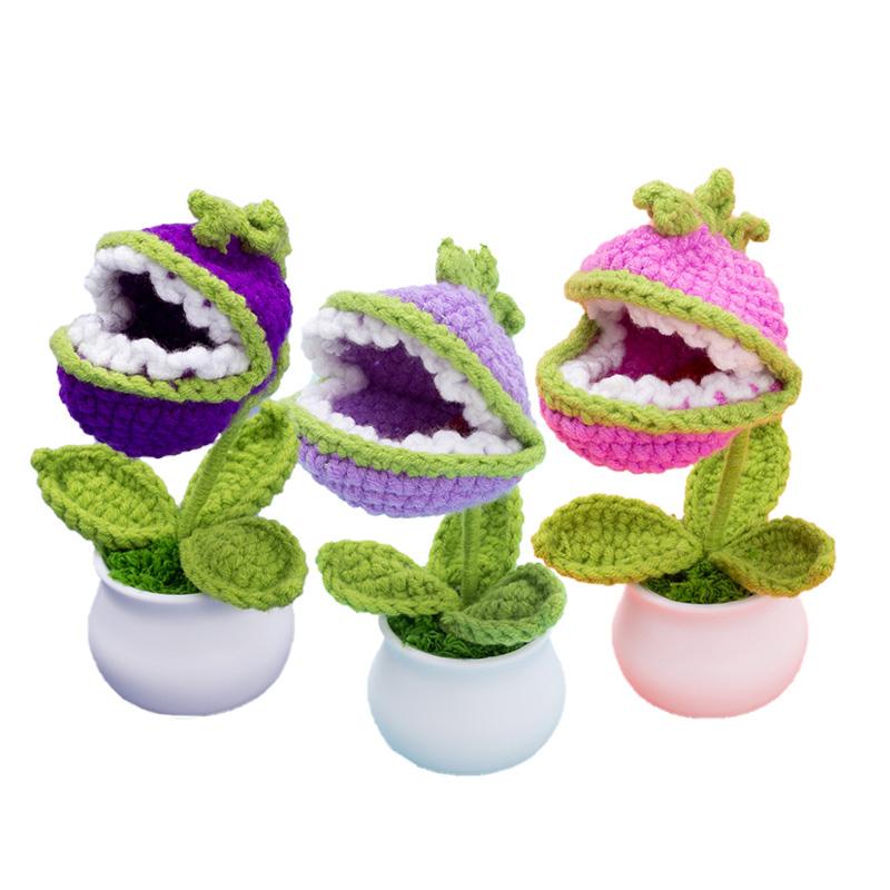 1PC Hand-Knitted Cannibal Flower Potted Crochet Ornaments Artificial Bonsai Desktop Decor