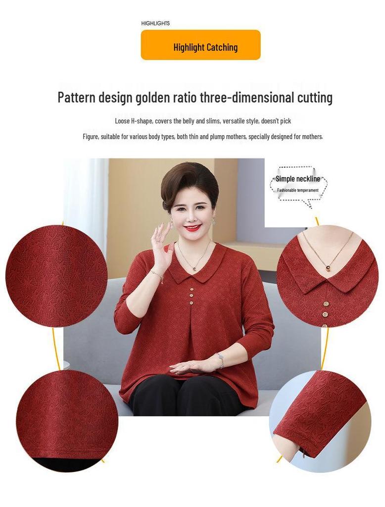 Большого размера весенне-осенняя футболка для женщин среднего возраста - Свободного кроя, модная, скрывающая живот бабушкина кофта