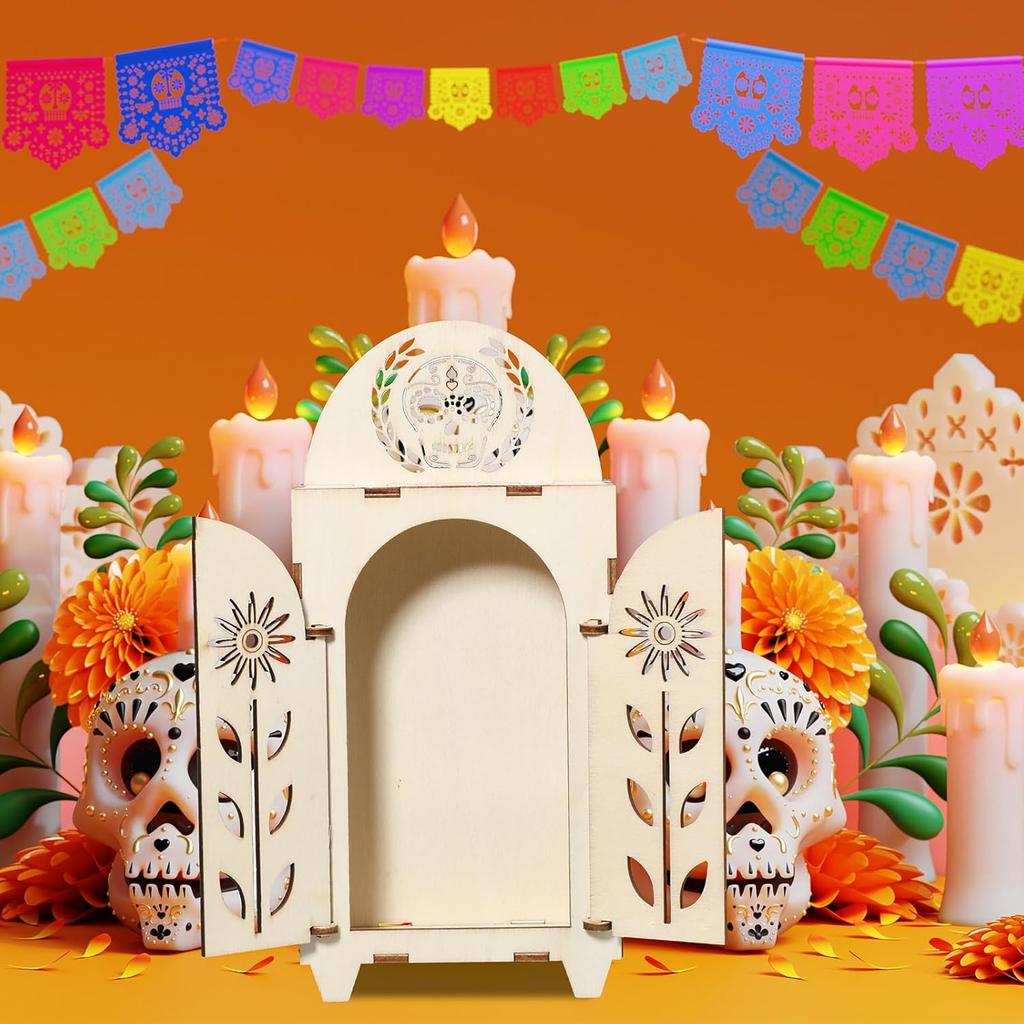 Soaoo Dia De Los Muertos Ofrenda Shadow Box, Wooden Day of The Dead Shadow Box, Skull Papel Picado Day of The Dead Decorations, Altar Ofrenda
