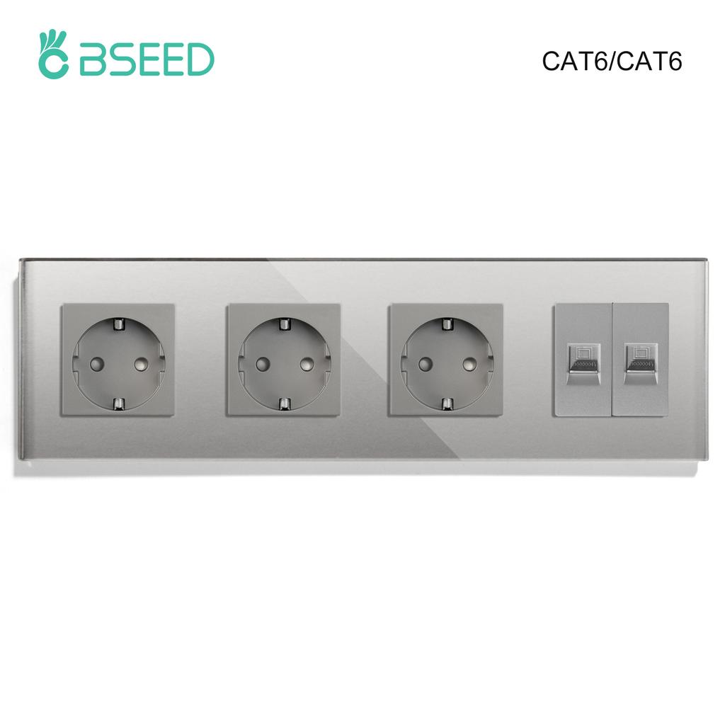BSEED Двойная интернет-розетка CAT6 Настенная розетка Плюс EU Розетки питания Плюс Сетевой PC Data Компьютерный Коннектор Розетки Стеклянная Панель