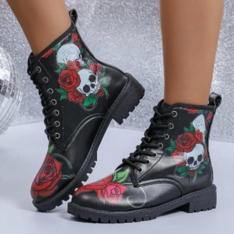 Обувь для женщин 2024 года, модные осенние женские ботинки со шнуровкой, с круглым носком, разноцветный принт, короткие ботинки на низком каблуке для поездок на работу