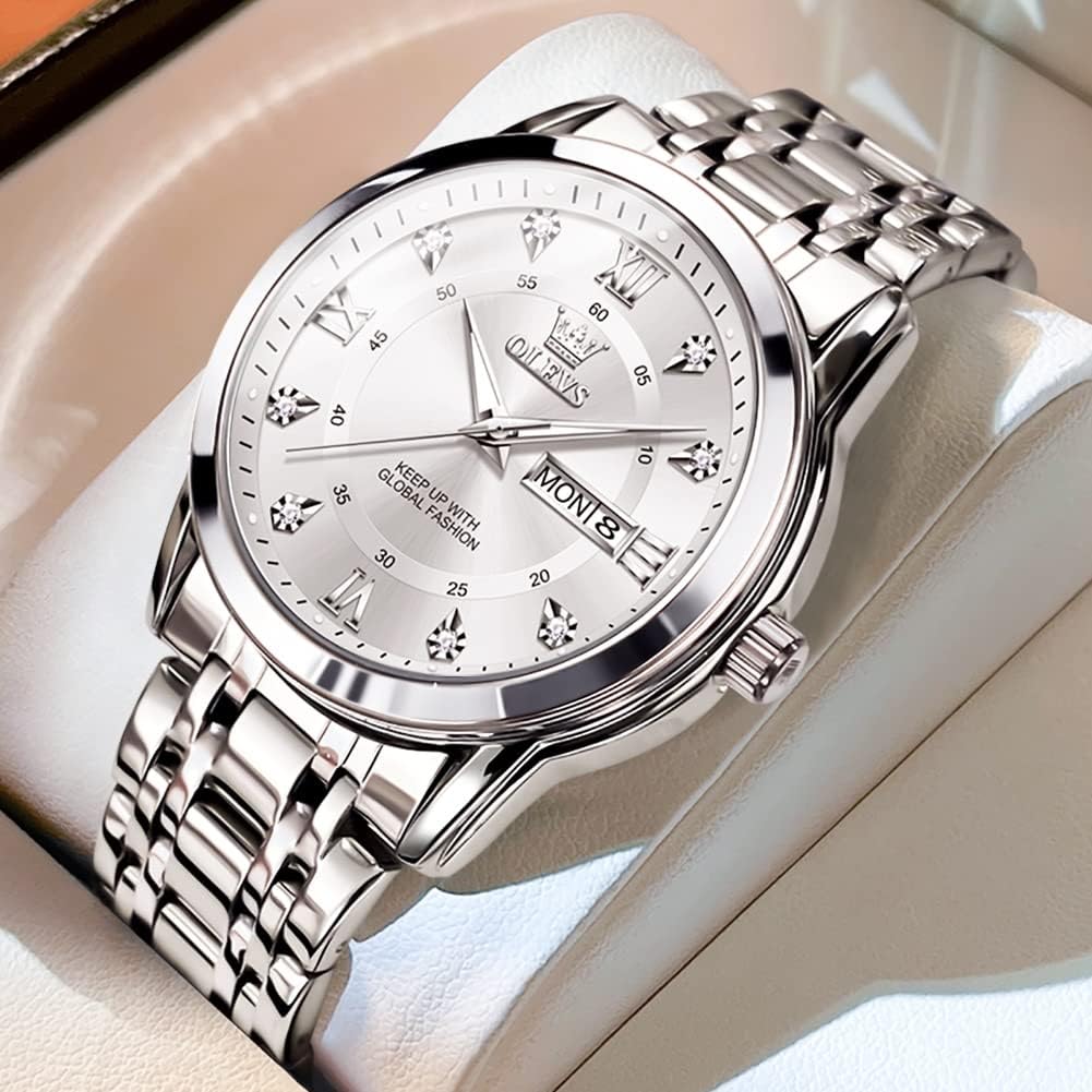 OLEVS Men's Quartz Watch - 316L Stainless Steel, Silver, Calendar Display, Luminous, Water Resistant