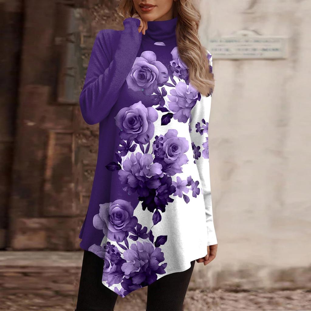 Casual Fashion Floral Print Shirt Tops High Neck Irregular Hem Long Sleeve Pullover Tops