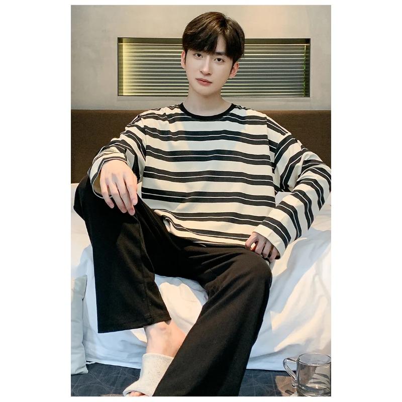 Весна и осень мужская пижама прическа подростковая с длинными рукавами свободная повседневная пижама домашняя одежда студенческий костюм большого размера