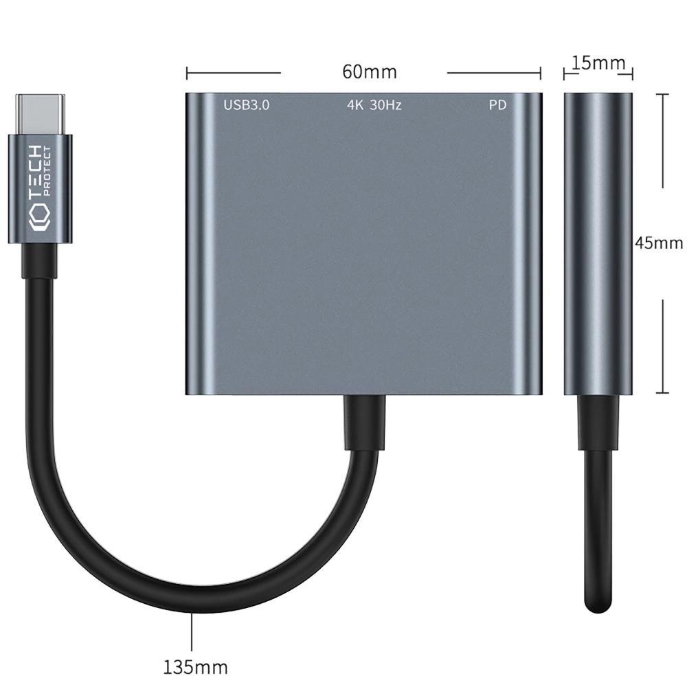 Hub Tech-Protect V1 3W1 Usb-C - Usb-A 3.0 / Usb-C Pd 100W / Hdmi 4K 30Hz - Szary
