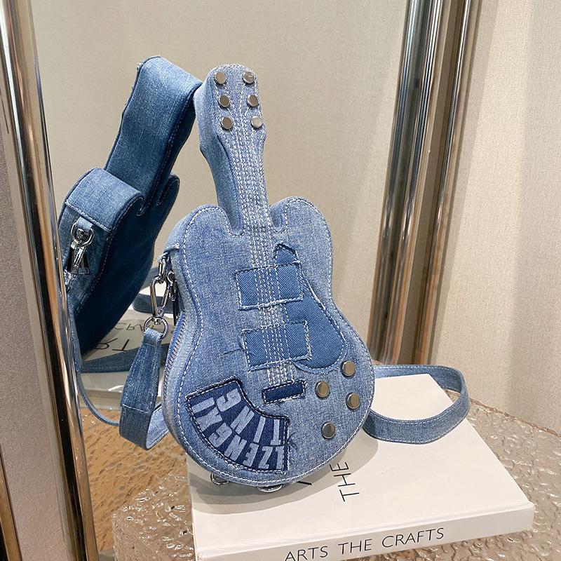 Export Arrival Denim Guitar Bag, Indie Rock Grunge Shoulder Bag, Niche Fashion Statement, Instagram-Ready Unisex Purse