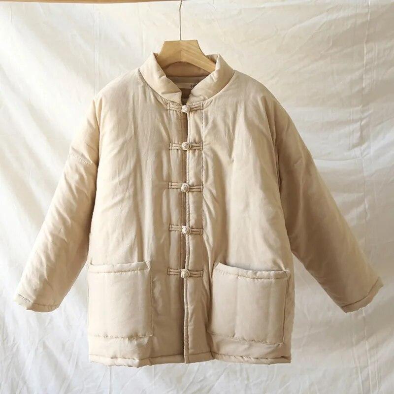 Женские парки в китайском стиле с длинными рукавами и пуговицами, однотонные пальто с карманами, зимние винтажные пальто