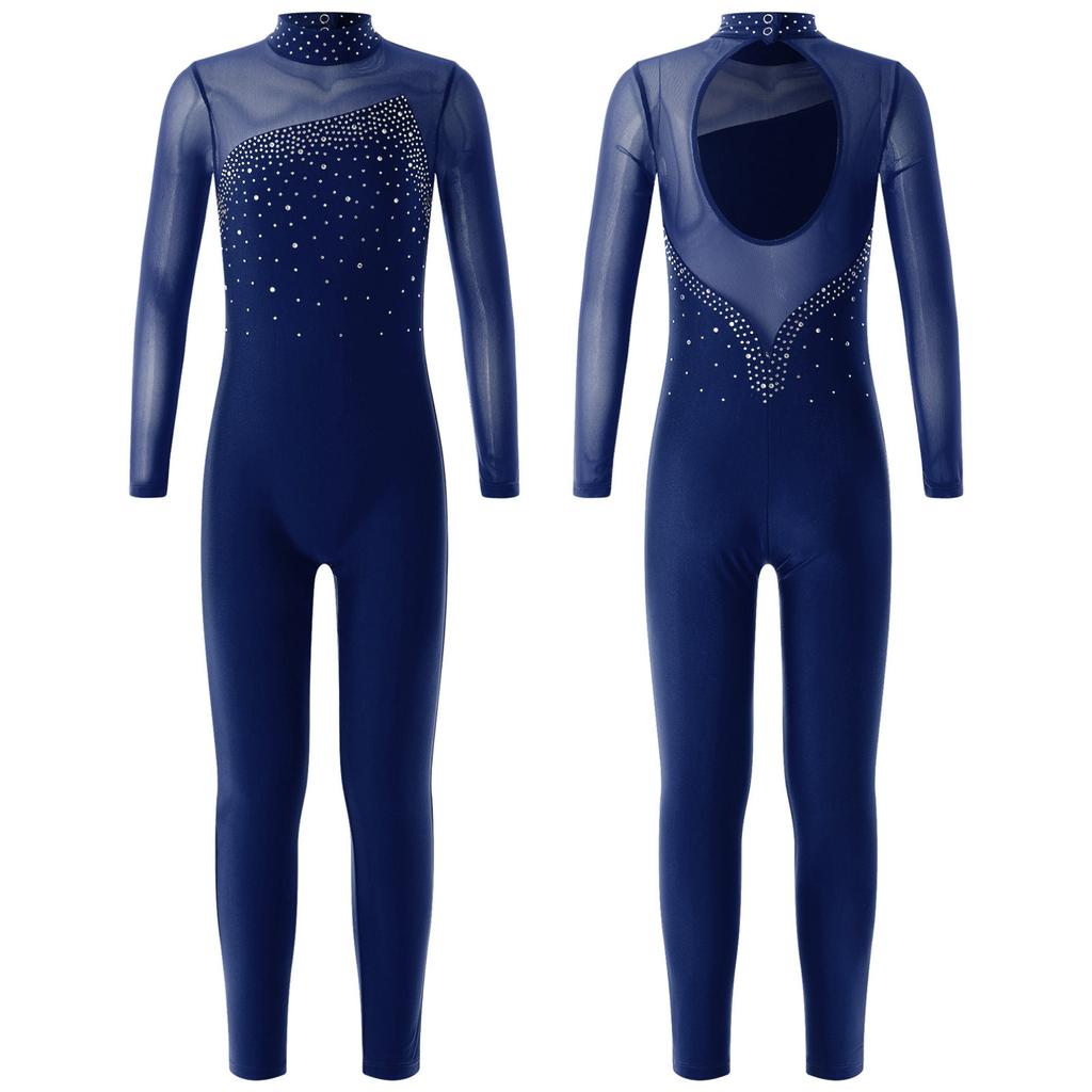Kids Girls Long Sleeve Shiny Rhinestone Hollow Back Skating Leotard One Piece Gymnastic Jumpsuit