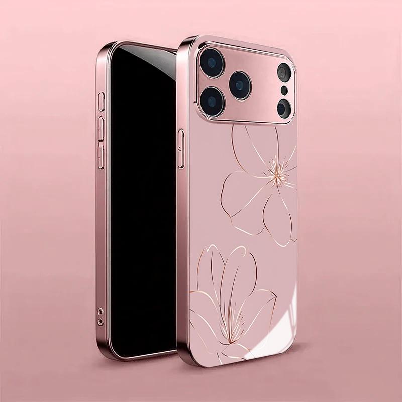 Чехол из закаленного стекла Vogue Pink Line с цветочным принтом для iPhone 17 Pro Max 14 15 16 Plus 13 12 11 Pro Max 16E 17Air Защитная крышка