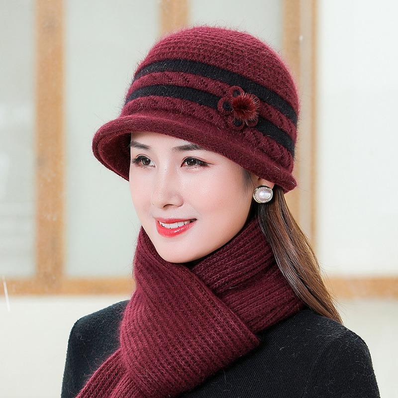 Шапка для пожилой матери среднего возраста с осенне-зимним темпераментом, модная простая шапка из меха кролика с толстым бархатным шарфом в комплекте