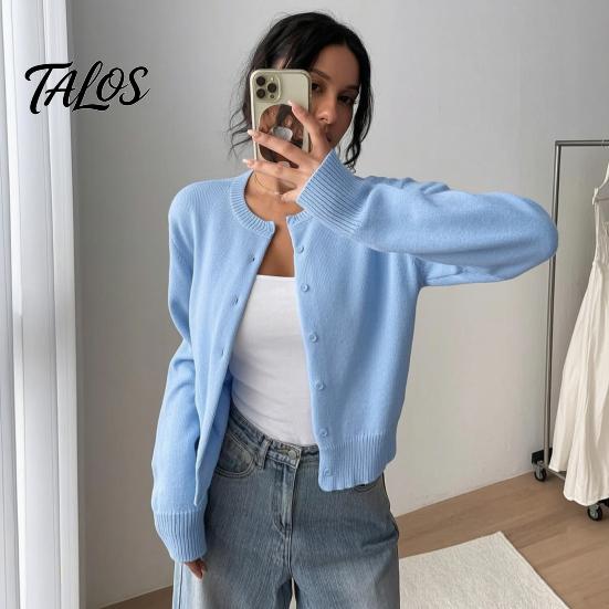 Женский повседневный свитер с круглым вырезом, вязаный свитер, однотонный кардиган на пуговицах для осени, зимы, зимы, с длинным рукавом, короткий топ
