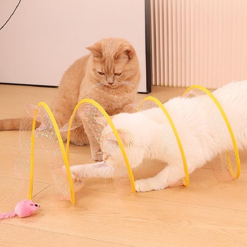 Folded Cat Tunnel S Type Cats Tunnel Spring Toy Mouse Tunnel with Balls and Crinkle Cat Outdoor Cat Toys for Kitten Interactive