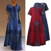 Bohemian National Style Long Loose Waist Plaid Print Dress Women Summer Spring Short Sleeve O Neck Pocket Sizes S To 5XL