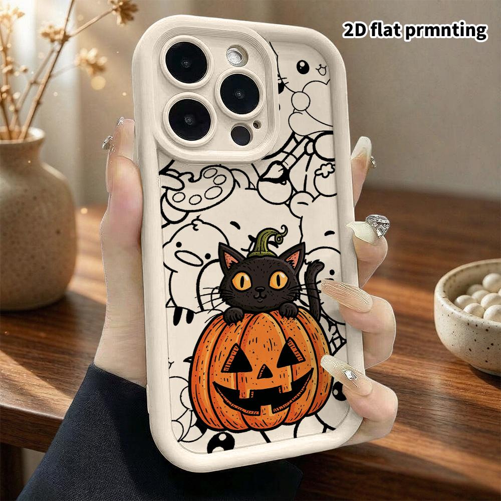 Phone Case: 2D flat design, suitable for iPhone 18 17 16 15 14 13Pro, little black cat in a pumpkin, perfect Christmas and Halloween holiday gift