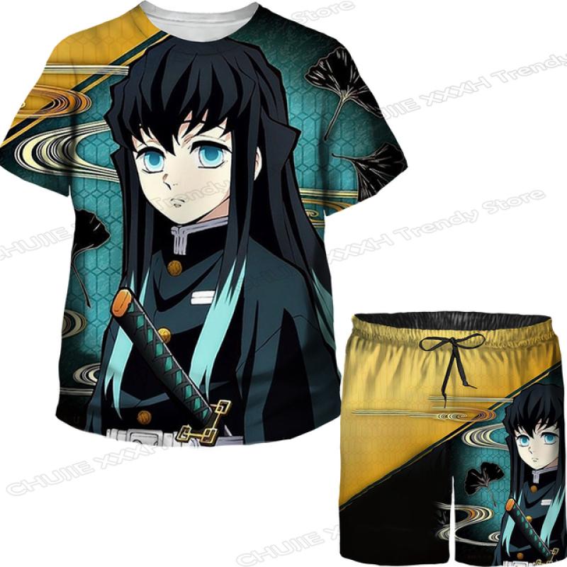 Детские топы/брюки/костюм с 3D принтом японского аниме «Убийца демонов» для девочек Kimetsu No Yaiba Tomioka Giyuu, комплект футболок и шорт с мультяшным рисунком