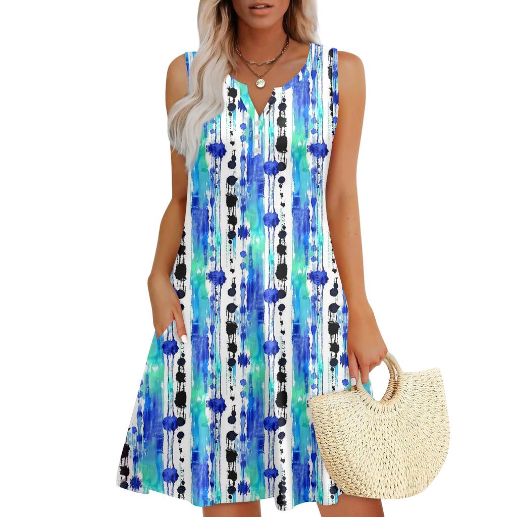 Женские летние платья Свободные сарафаны без рукавов с V-образным вырезом Платье с карманами