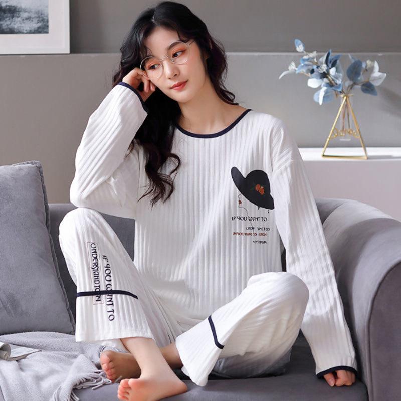 Весенне-осенняя пижама, женский домашний костюм с длинными рукавами, можно носить на улице, свободный комплект из двух предметов большого размера