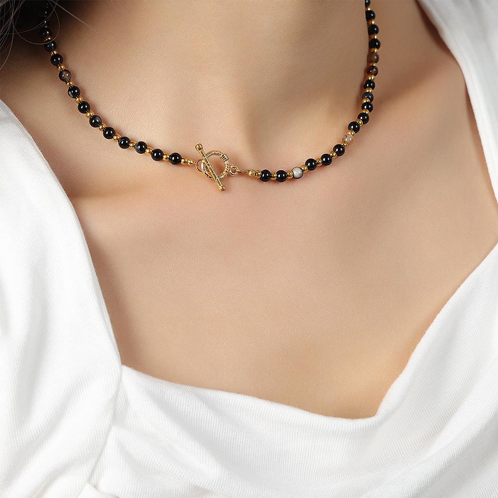 Natural Agate Round Beads Beaded Ot Buckle Necklace Titanium Steel Versatile Personality Exquisite Temperament Collarbone Chain Maillard Accessories