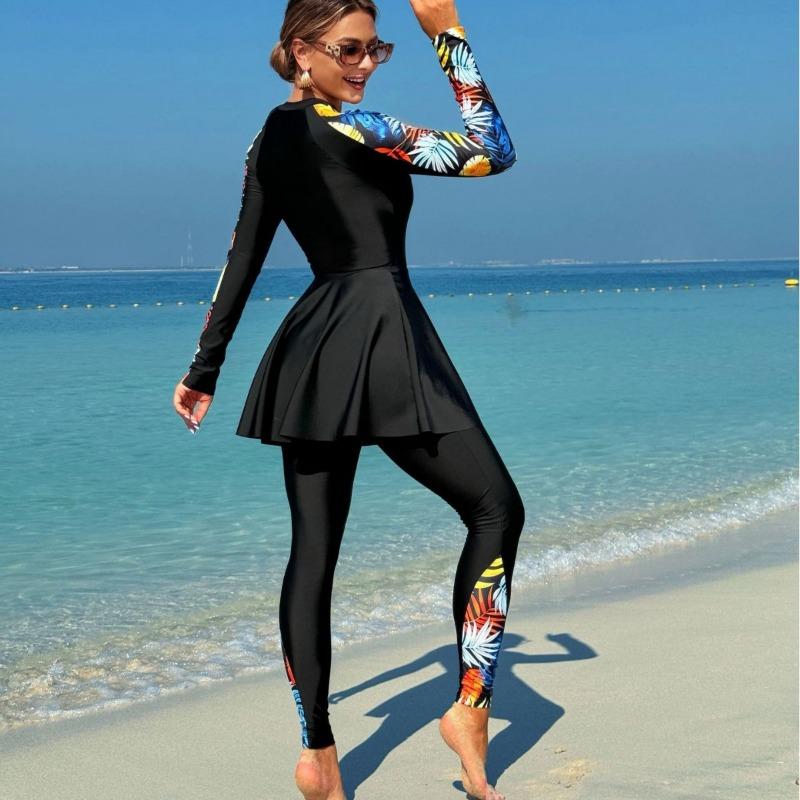 Women Long Sleeve Sun Protection Printed Tie Dye Zipper Front Sexy Three Piece Swimwear