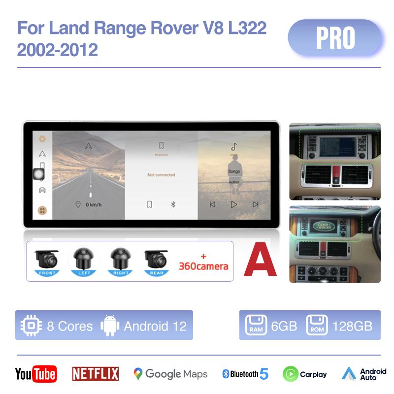 Автомобильный мультимедийный видеоплеер 12.3" для Land Rover Range Rover Vogue V8 L322 2002-2012 GPS-навигация Android12 8+256G CarPlay 4G