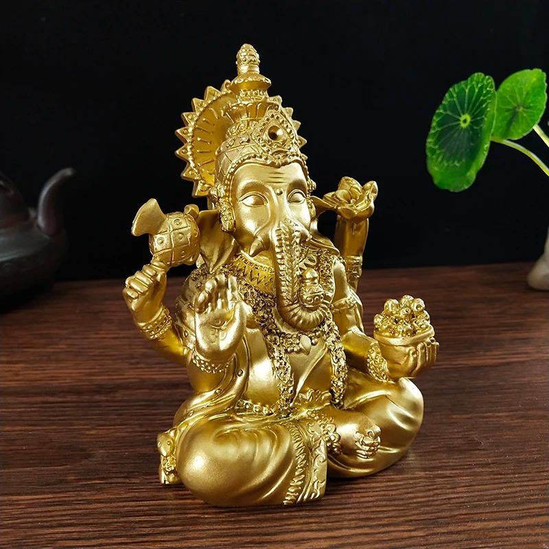 Gold Lord Ganesha Statue Sculpture Big Resin Ornaments Hindu Elephant God Buddha Statues Figurine Home Decoration Lucky Gifts