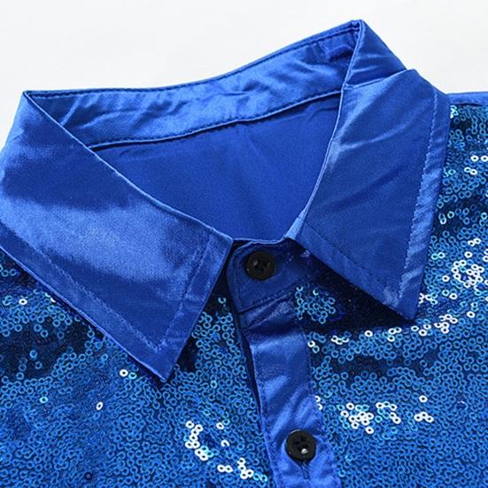 Мужская рубашка для выступлений с блестящими пайетками и отложным воротником, однобортная атласная рубашка с длинными рукавами и пуговицами для клубных вечеринок и сценических шоу