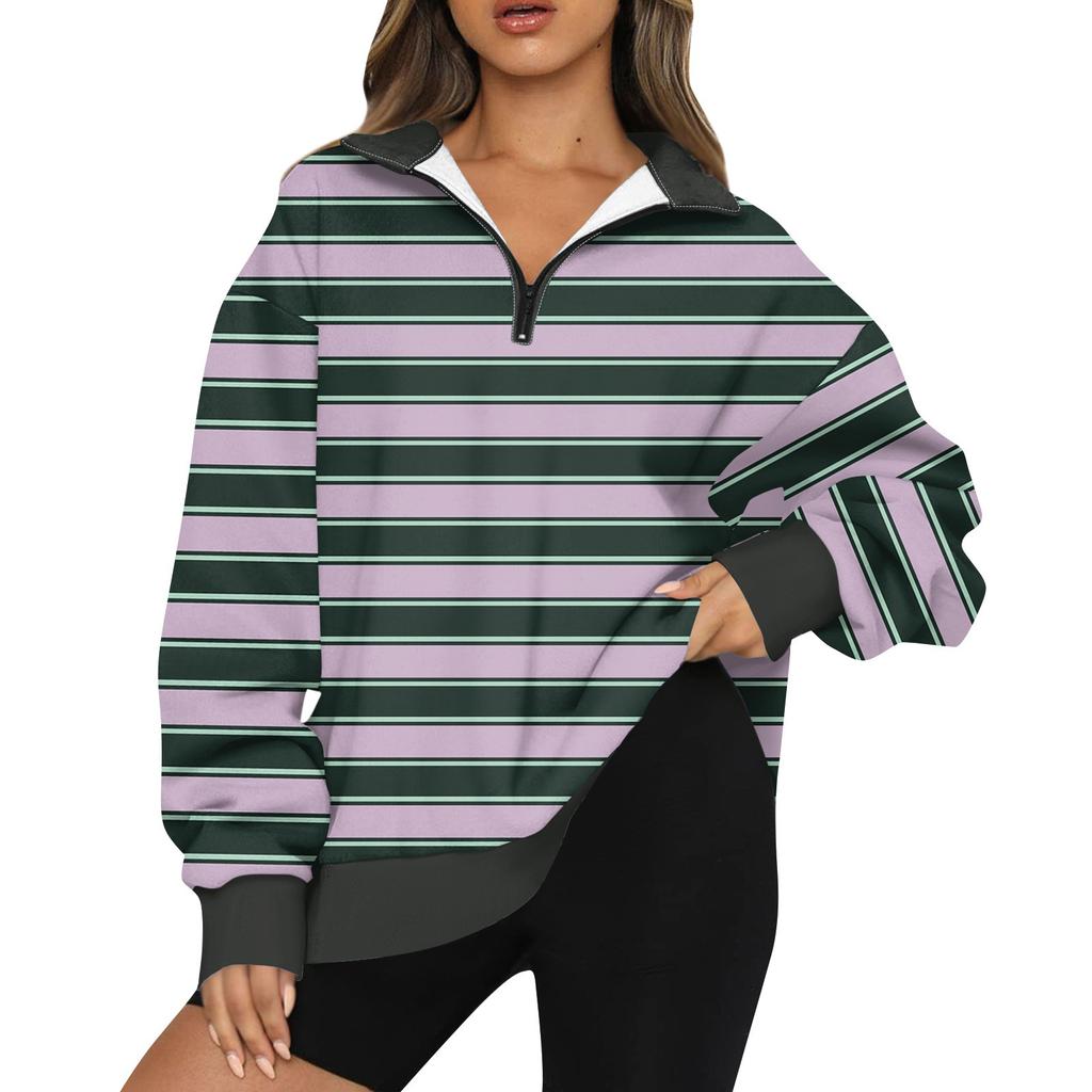 Women's Fashion Lapel Striped Printed  Long Sleeve Zip Sweatshirt Top