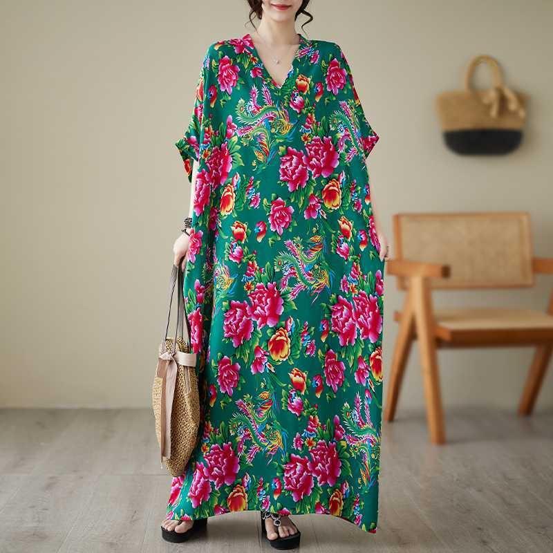 Летние платья из хлопка и шелка с V-образным вырезом, большого размера, свободные, в стиле литературного отпуска, для пляжа