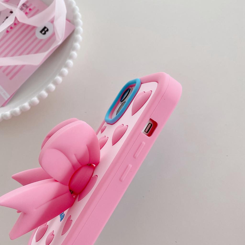 Cute Cartoon 3D Bow-knot Bracket Phone Case for iPhone 11 12 13 14 15 Pro Max 12 Pro 13 Pro 14 Pro Max Anti-drop Soft Silicone Cover