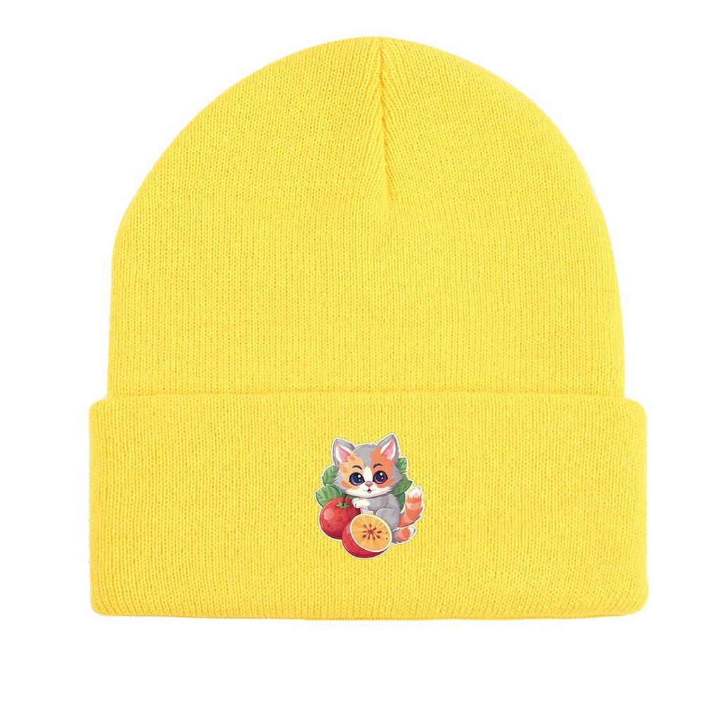 Cat Fruit Print Knitted Hat Beanie, Man Cap Elastic Candy Color Trendy Pompom Beanies Knit Cap Beanie