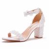 7cm Thick Heel Shallow Mouth One-length Strap Beaded Square Heel Sandals White Lace Bridal Wedding Shoes Thick Heel Sandals
